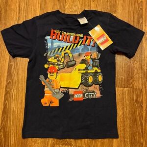 Vintage LEGO City Boys Shirt Size 7 Navy Blue Construction‎ Minifigure Graphic
